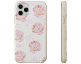 Milieuvriendelijk telefoonhoesje, biologisch afbreekbaar met schelpen en strikken, duurzame hoes, composteerbare schaal, milieuvriendelijk, schattig ontwerp,