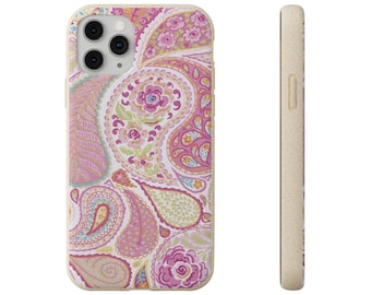 Biologisch afbreekbare hoesjes, telefooncover met bloemen, milieuvriendelijke hoes met roze bloemen, duurzame plantkunst, biologisch afbreekbare accessoires, bloempatroon