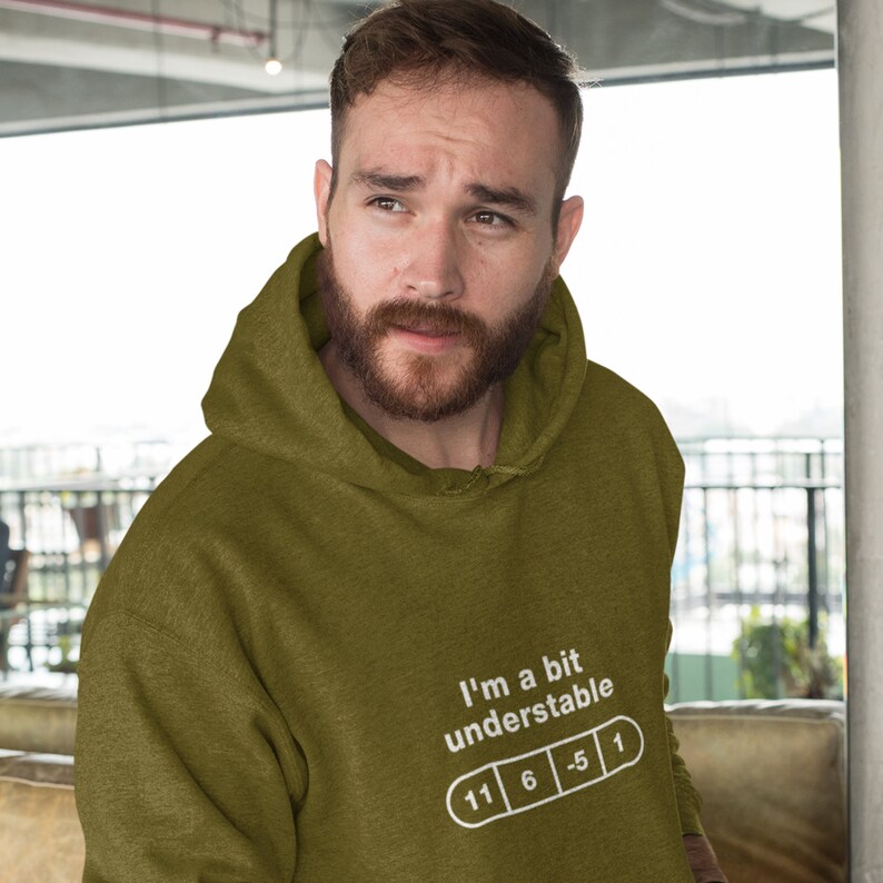 May include: A green hooded sweatshirt with the text "I'm a bit understandable" and a pill graphic with numbers 11, 6, -5, and 1.