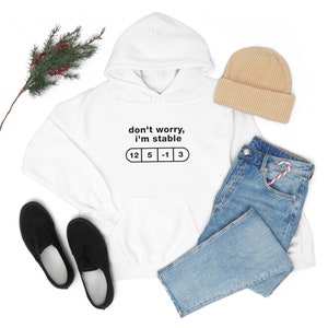 May include: White hoodie with a black graphic that says "don't worry, i'm stable" and a pill shape with the numbers 12, 5, -1, and 3.