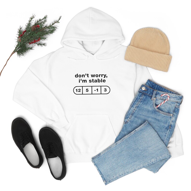 May include: White hoodie with a black graphic that says "don't worry, i'm stable" and a pill shape with the numbers 12, 5, -1, and 3.