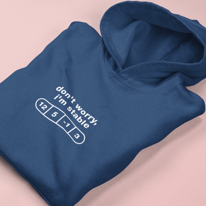 May include: A dark blue hoodie with a white graphic that says "don't worry, i'm stable" with a progress bar showing 12, 5, -1, and 3.