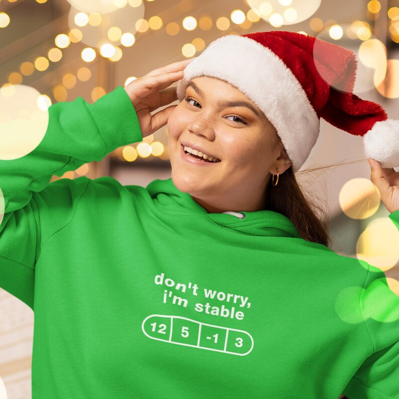 May include: A green hoodie with the text "don't worry, i'm stable" and a graphic of a pill with the numbers 12, 5, -1, and 3. The person wearing the hoodie is smiling and wearing a Santa hat.