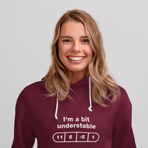 May include: A maroon hoodie with a white graphic that says "I'm a bit understandable" with a row of four white circles containing the numbers 11, 6, -5, and 1.
