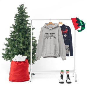 May include: A gray hoodie with the text "don't worry, I'm stable" and a pill graphic with the numbers 12, 5, -1, and 3. The hoodie is hanging on a white rack with a Christmas tree and a red and green elf hat in the background.