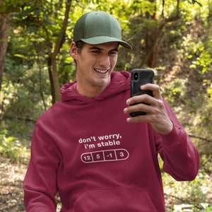 May include: A maroon hoodie with a white graphic that says "don't worry, i'm stable" and has a row of numbers: 12, 5, -1, 3.