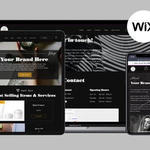 Puede incluir: Una maqueta de diseño de sitio web en blanco y negro en una computadora portátil, una tableta y un teléfono inteligente. El sitio web presenta un fondo negro con texto e imágenes blancas. El sitio web es para una marca de belleza o cuidado de la piel e incluye una página de tienda, contacto y acerca de. El sitio web está construido con Wix.