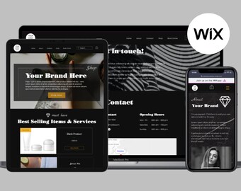 May include: A black and white website design mockup on a laptop, tablet, and smartphone. The website features a black background with white text and images. The website is for a beauty or skincare brand and includes a shop, contact, and about page. The website is built with Wix.