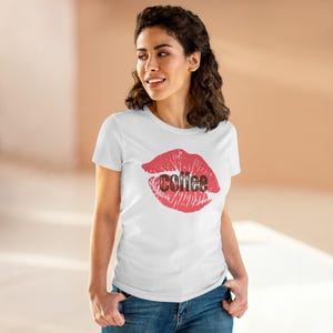 Coffee Kiss Women&#39;s Tee, Lips Graphic T-Shirt, Cute Kiss Shirt, Coffee Lover Top, Kissing Lips Tee, Coffee Addict Gift