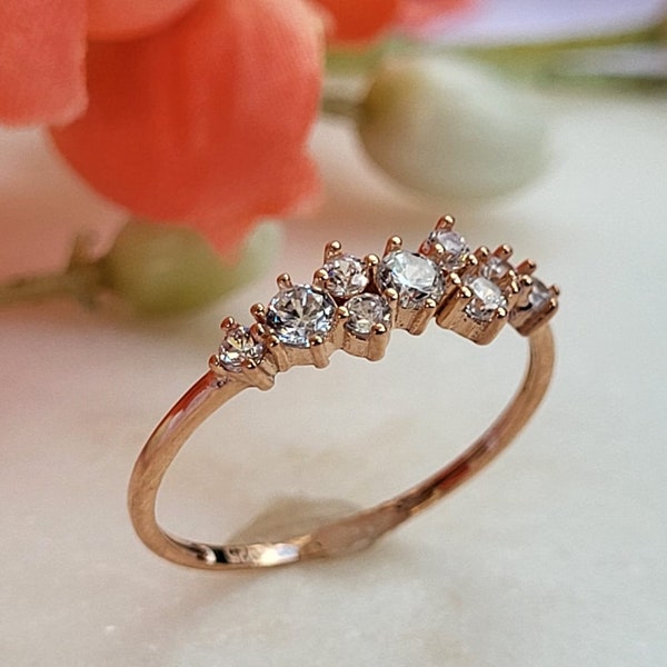Minimalist Rose Gold Ring, Delicate Cluster Ring, 14k Gold Dainty Ring, Cz  Engagement Sterling Silver Ring, Christmas Gift for Her