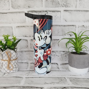 Tumbler/cup. Classic Minnie and Mickey. Red, white and black theme with hearts and kisses. 20oz skinny tumbler.