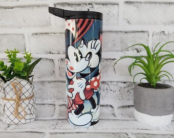 Tumbler/cup. Classic Minnie and Mickey. Red, white and black theme with hearts and kisses. 20oz skinny tumbler.