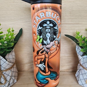 Tumbler/cup. Goofy, Disney character With coffee lettering and puffy/3D look on a bright orange background. 20oz  insulated tumbler