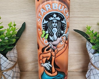 Tumbler/cup. Goofy, Disney character With coffee lettering and puffy/3D look on a bright orange background. 20oz  insulated tumbler