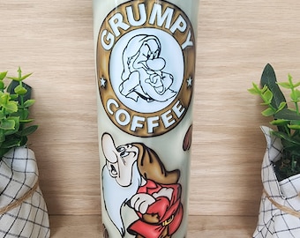 Tumbler/cup. Grumpy from snow white cartoon. With coffee lettering and coffee beans w puffy/3D look background. 20oz insulated tumbler.
