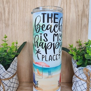 20oz Bluetooth speaker Tumbler/cup. The beach is my happy place/sun and sand, sublimation print. Stainless steel. Speaker unscrews to wash
