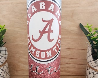 GLOW in THE DARK. Alabama college football, roltij, karmozijnrood, logo. Brandt rood. Beker/beker 20oz dunne roestvrijstalen beker.