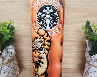 Tumbler/cup. Tigger coffee design from pooh cartoon. Coffee lettering on a puffy/3D looking colorful background. 20oz insulated tumbler.