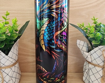 20oz skinny tumbler. Dragon full body with shiny iridescent coloring that resembles stained glass. Unique and beautiful.