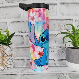 Tumbler/cup. Stitch from Lilo and Stitch design. With hibiscus flowers and very colorful background. 20oz skinny tumbler. image 2