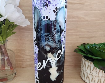 French Bulldog 20oz Tumbler, Purple Paws Print, Dog Lover Gift