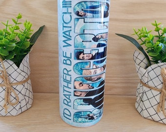Tumbler/cup. Bridgerton TV show, romance series design. With saying..I&#39;d rather be watching Bridgerton. Light colored floral background.