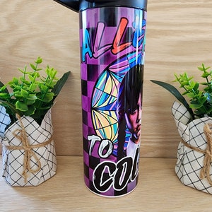 Tumbler/cup. Wednesday Addams TV series/ comedy show. Allergic to color. Black and white mixed with color  checkered background