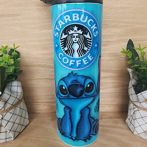 Tumbler/cup. Stitch from Lilo and Stitch cartoon. With coffee lettering and  leaves on a colorful background. 20oz skinny insulated tumbler.
