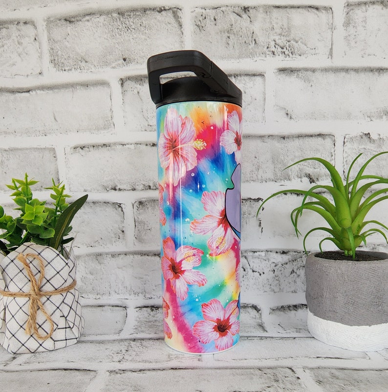 Tumbler/cup. Stitch from Lilo and Stitch design. With hibiscus flowers and very colorful background. 20oz skinny tumbler. image 4
