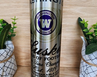 20oz skinny tumbler. Washington huskies UW college, Udub Aluminum can/beer can inspired look. Shiny iridescent