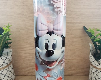 Beker/beker. Dunne duo-beker van 20 oz met 2 deksels.  3D-print Minnie Mouse, roze strik met bloemmotief. Disney-personage. Sublimatieprint
