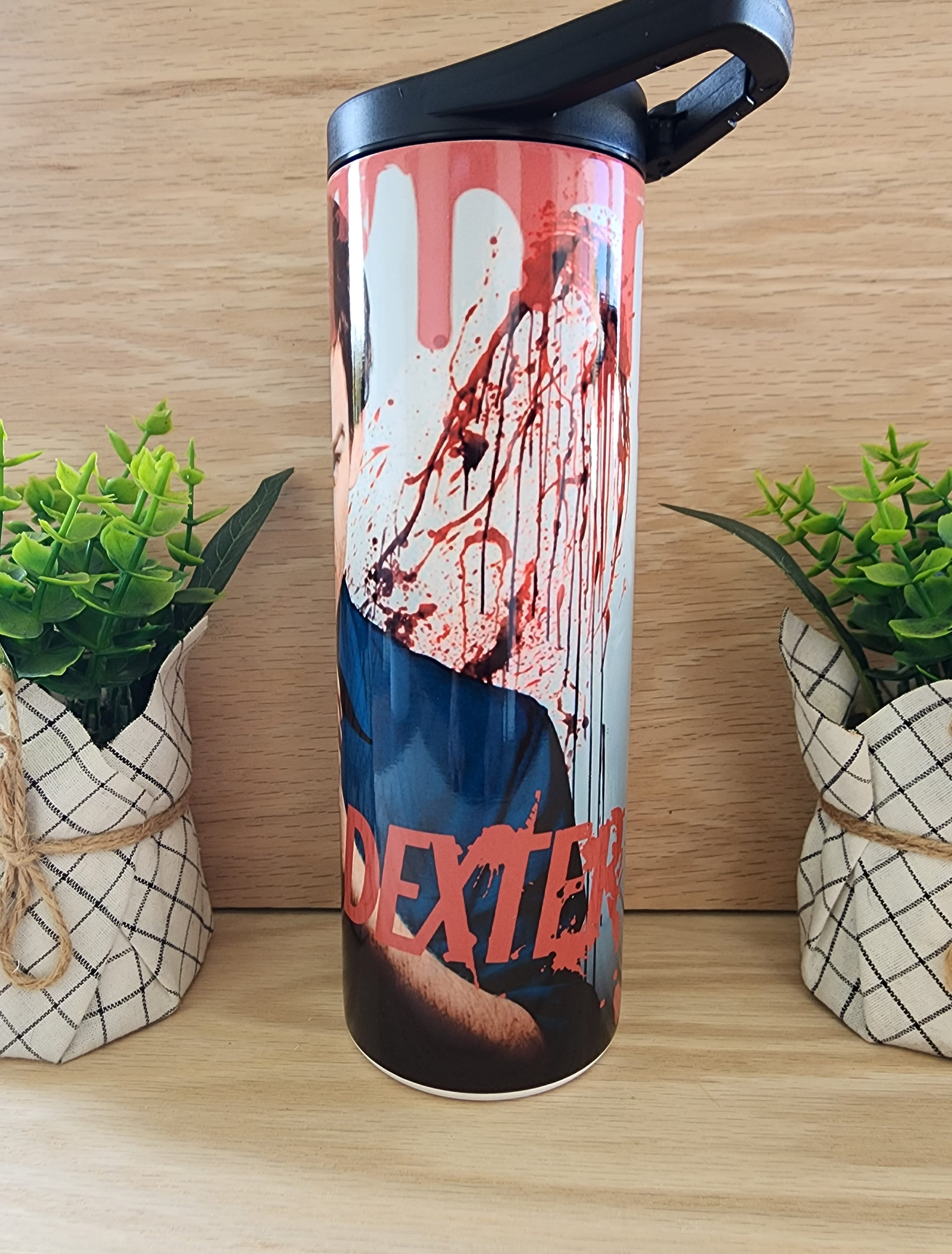 Tumbler/cup. 20oz stainless steel tumbler. Custom sublimation print. Dexter (drama) TV series. With Dexter Morgan and splatter design.