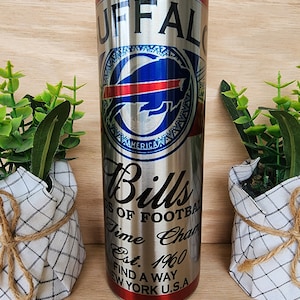 20oz skinny tumbler. Buffalo Bills beer can inspired design. With shiny iridescent coloring that resembles aluminum can/stained glass look