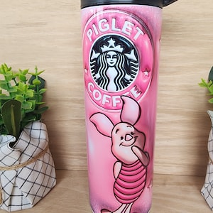 Tumbler/cup. Piglet coffee design from pooh cartoon. Coffee lettering and stars w puffy/3D look background. 20oz insulated tumbler.
