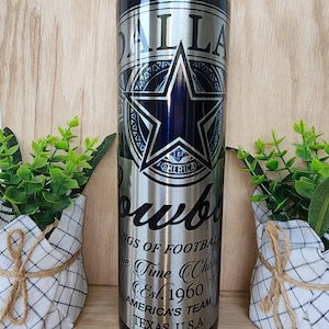 30oz skinny tumbler.  Dallas cowboys beer can inspired design. With shiny iridescent coloring that resembles aluminum can/stained glass look