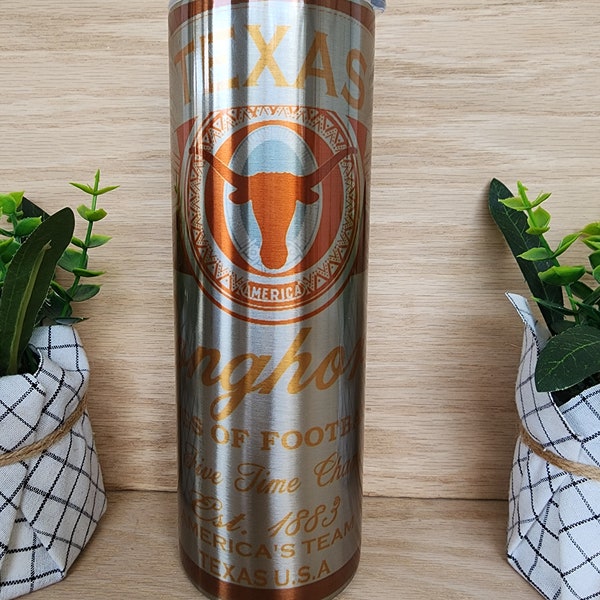 20oz skinny tumbler. Texas Longhorns beer can inspired design. With shiny iridescent coloring that resembles aluminum can/stained glass look