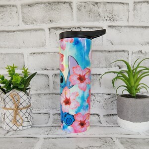 Tumbler/cup. Stitch from Lilo and Stitch design. With hibiscus flowers and very colorful background. 20oz skinny tumbler. image 3