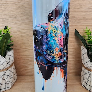 Tumbler/cup 20oz skinny tumbler. German short haired pointer. With water coloring background. Very vibrant. Dog lover, pet lover.