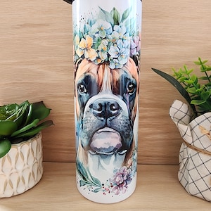 Tumbler/cup Boxer dog with floral crown.Boxer lover, pet, paws, dog mom, dog dad, boxer mom, boxer dad, dog. 20oz skinny tumbler.