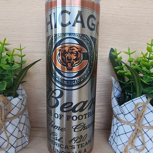 20oz skinny tumbler. Chicago Bears beer can inspired design. With shiny iridescent coloring that resembles aluminum can/stained glass look