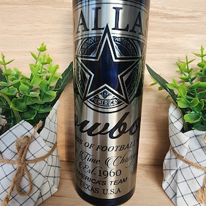 20oz skinny tumbler.  Dallas cowboys beer can inspired design. With shiny iridescent coloring that resembles aluminum can/stained glass look