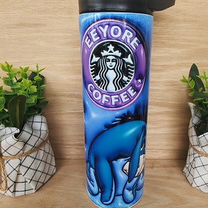 Tumbler/cup. Eeyore coffee design from pooh cartoon. Coffee lettering and puffy/3D look on a colorful background. 20oz insulated tumbler