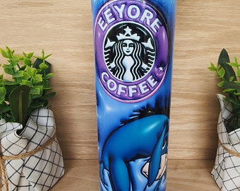 Tumbler/cup. Eeyore coffee design from pooh cartoon. Coffee lettering and puffy/3D look on a colorful background. 20oz insulated tumbler