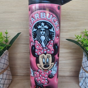 Tumbler/cup. Minnie Mouse, Disney character With coffee lettering and puffy/3D look on a bright pink background. 20oz  insulated tumbler