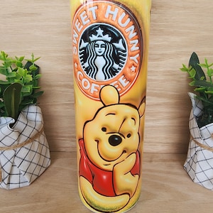 Tumbler/cup. Sweet hunny pooh from cartoon. With coffee lettering and stars w puffy/3D looking background. 20oz insulated tumbler.