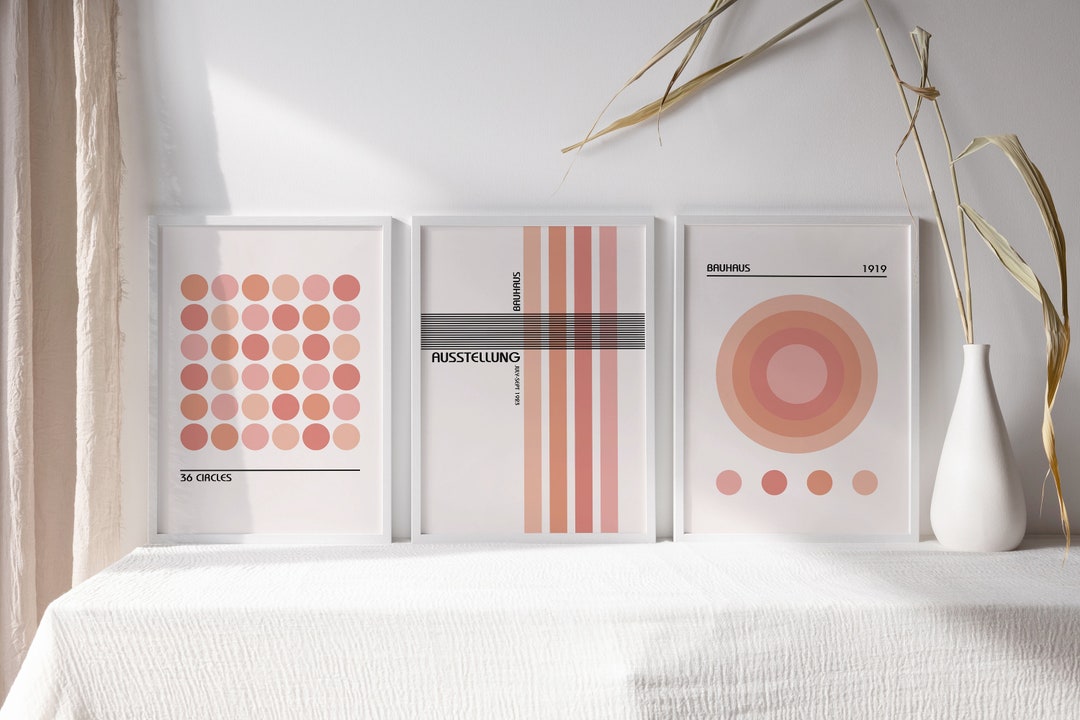 Set of 3 Pink Bauhaus Posters, Printable Modern Art, Gallery Art Set ...