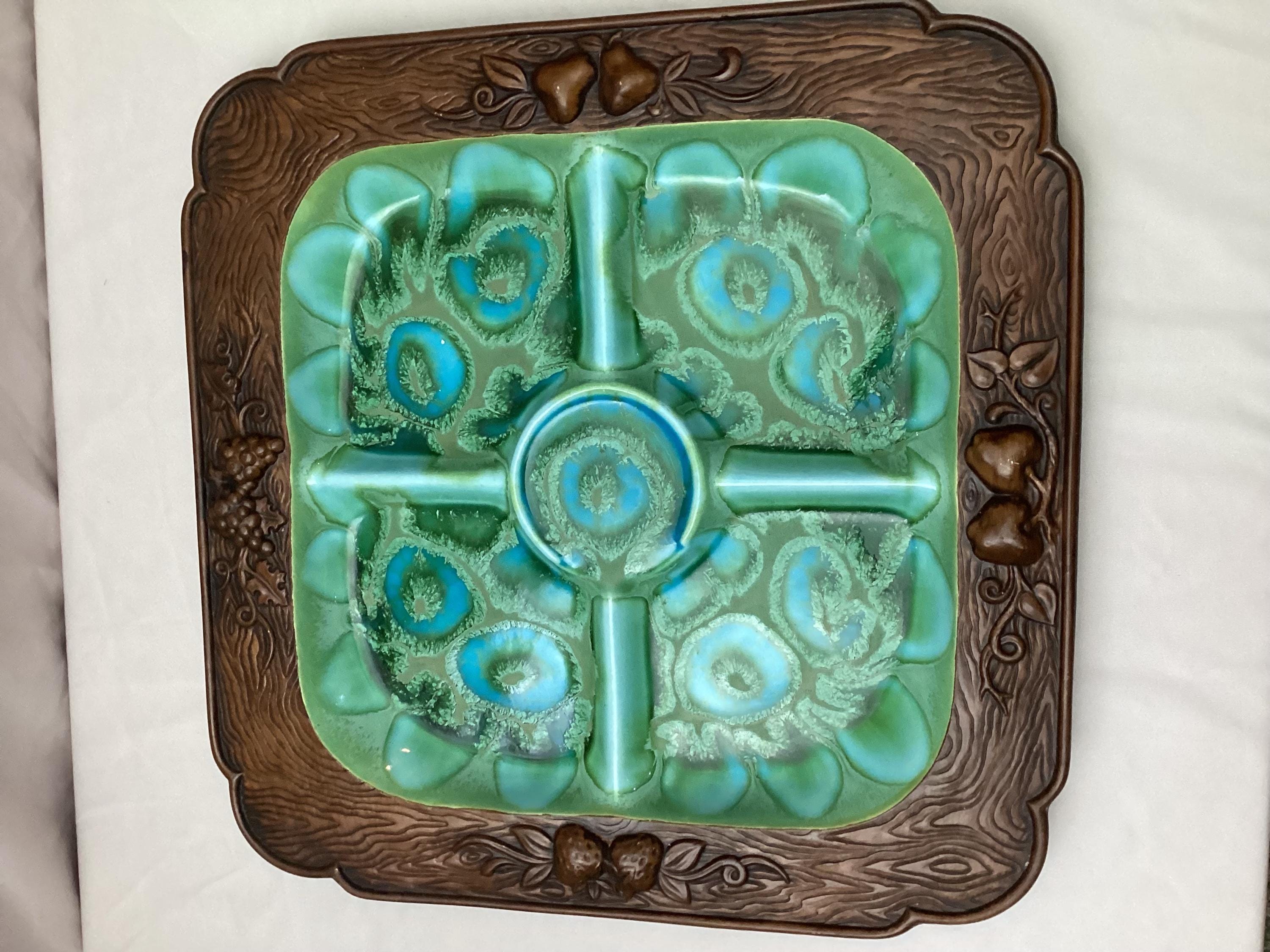 Vintage Treasure Craft Serving Tray • Turquoise Glaze, Wood-look