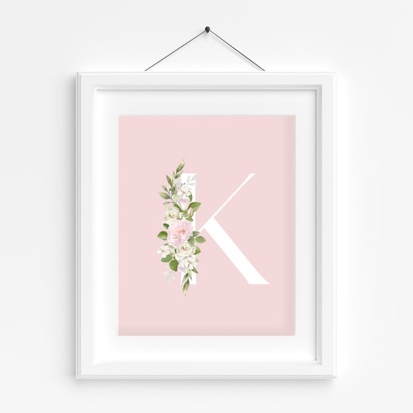 Pink and White Floral Initial Print, Letter K Art for Nursery, Alphabet Letter Art, Monogram Wall Decor, Floral Nursery Wall Art