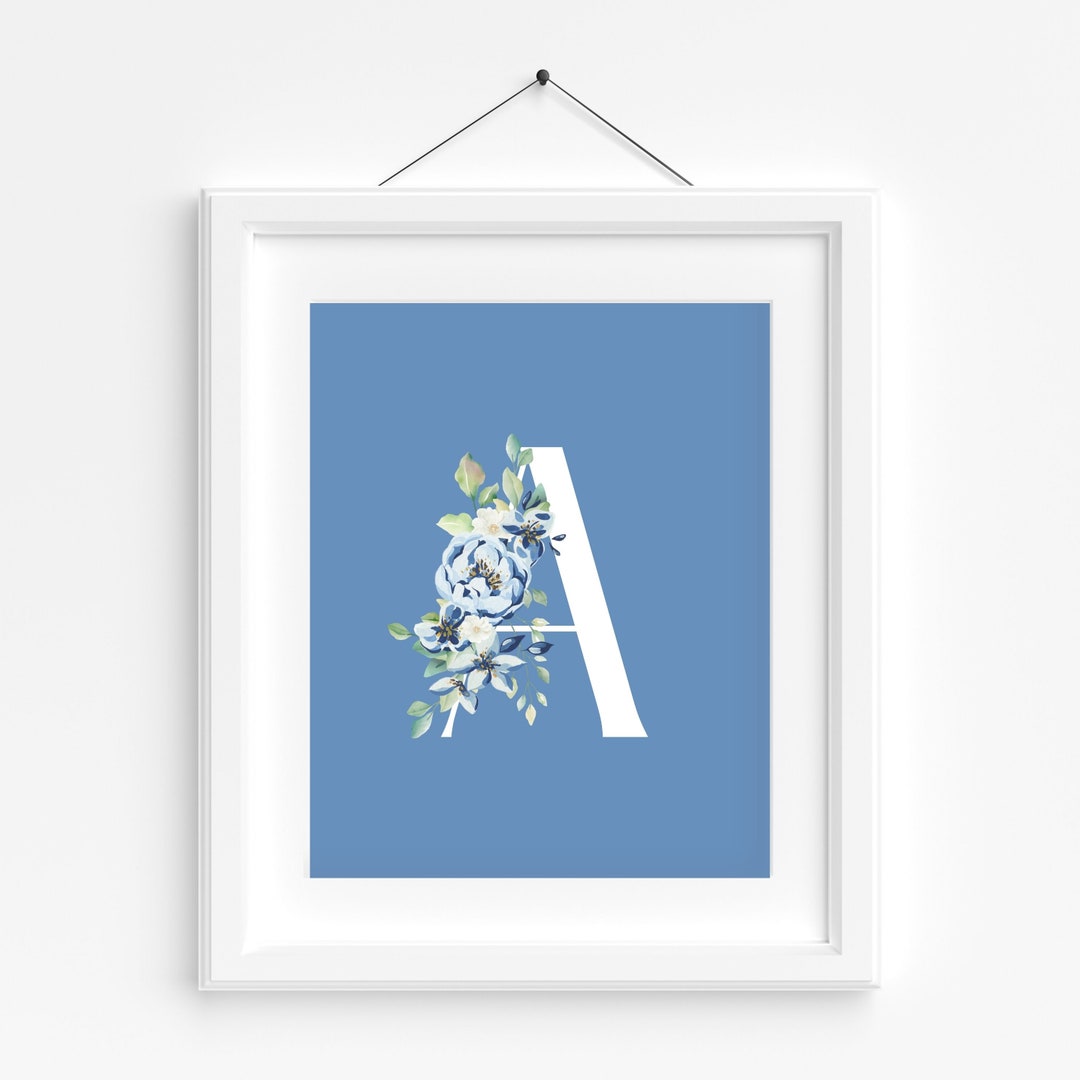 Initial Wall Art, Blue Peony Letter A Art for Nursery, Alphabet Letter Art, Monogram Wall Decor