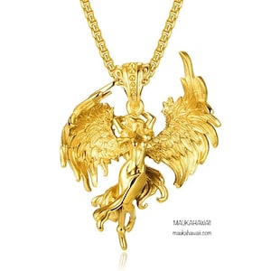 May include: A gold-toned necklace with a pendant featuring a detailed angel with outstretched wings. The pendant is intricately designed and has a textured surface.